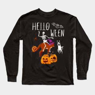 Hello Ween Skeleton Riding Kangaroo Halloween Funny Long Sleeve T-Shirt